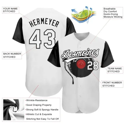 Custom White Black 3D Pattern Design Music Festival Vintage Vinyl Record Authentic Baseball Jersey - Image 3