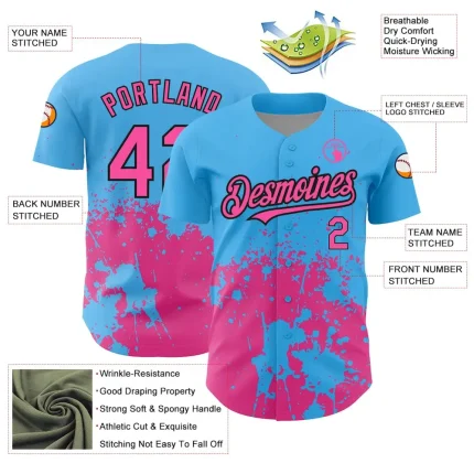 Custom Sky Blue Pink-Black 3D Pattern Design Abstract Splash Grunge Art Authentic Baseball Jersey - Image 3