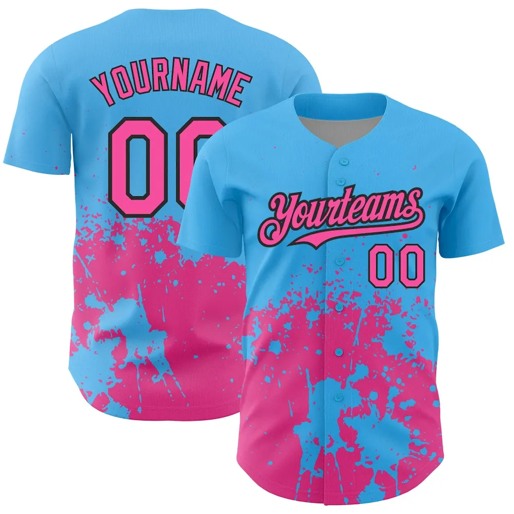 3DPattern2616.webp Custom Sky Blue Pink-Black 3D Pattern Design Abstract Splash Grunge Art Authentic Baseball Jersey - Image 1