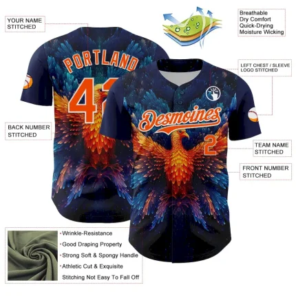 Custom Navy Orange-White 3D Pattern Design Rave Phoenix Authentic Baseball Jersey - Image 3