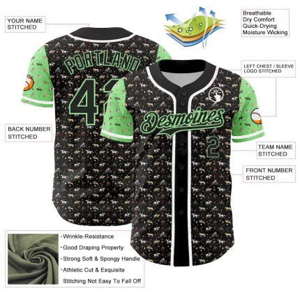 Custom Black Pea Green-White 3D Pattern Design Rodeo Cowboy Authentic Baseball Jersey - Image 3