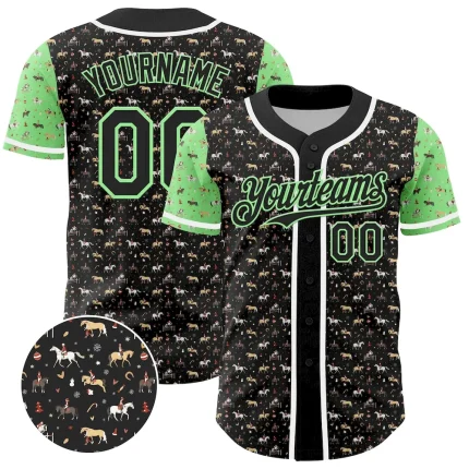 Custom Black Pea Green-White 3D Pattern Design Rodeo Cowboy Authentic Baseball Jersey
