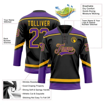 Custom Black Purple-Gold Hockey Lace Neck Jersey - Image 3