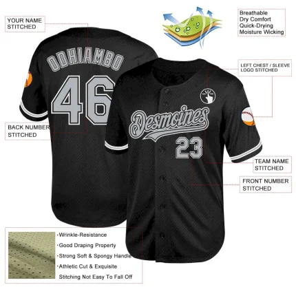 Custom Black Gray-White Mesh Authentic Throwback Baseball Jersey - Image 3