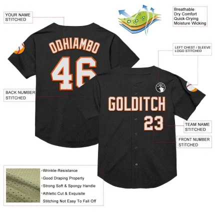 Custom Black White-Orange Mesh Authentic Throwback Baseball Jersey - Image 3