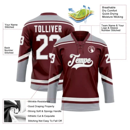 Custom Burgundy White-Gray Hockey Lace Neck Jersey - Image 3