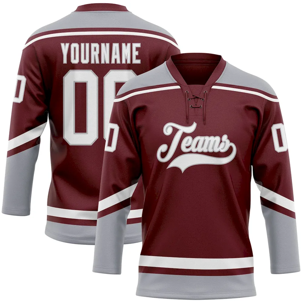 Burgundy0111.webp Custom Burgundy White-Gray Hockey Lace Neck Jersey - Image 1