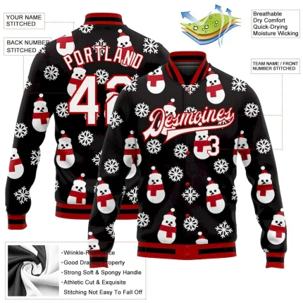 Custom Black White-Red Christmas 3D Bomber Full-Snap Varsity Letterman Jacket - Image 3