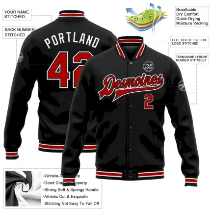 Custom Black Red-White Bomber Full-Snap Varsity Letterman Jacket - Image 3