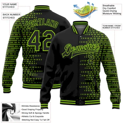 Custom Black Neon Green Halftone 3D Pattern Design Bomber Full-Snap Varsity Letterman Jacket - Image 3