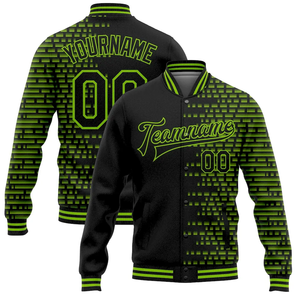 Jacket2510.webp Custom Black Neon Green Halftone 3D Pattern Design Bomber Full-Snap Varsity Letterman Jacket - Image 1