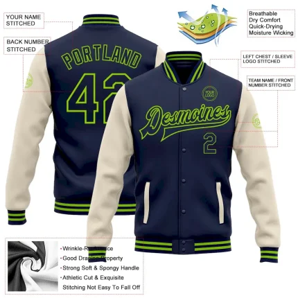 Custom Navy Cream-Neon Green Bomber Full-Snap Varsity Letterman Two Tone Jacket - Image 3