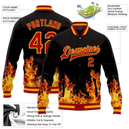 Custom Black Red-Gold Flame 3D Pattern Design Bomber Full-Snap Varsity Letterman Jacket - Image 5