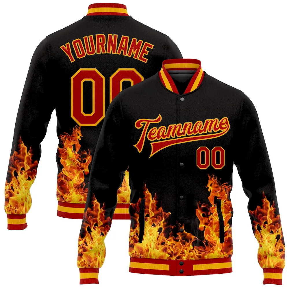 Jacket3485.webp Custom Black Red-Gold Flame 3D Pattern Design Bomber Full-Snap Varsity Letterman Jacket - Image 1