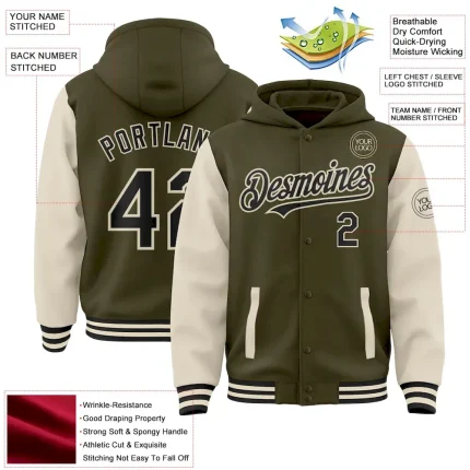 Custom Olive Black-Cream Bomber Full-Snap Varsity Letterman Two Tone Salute To Service Hoodie Jacket - Image 3