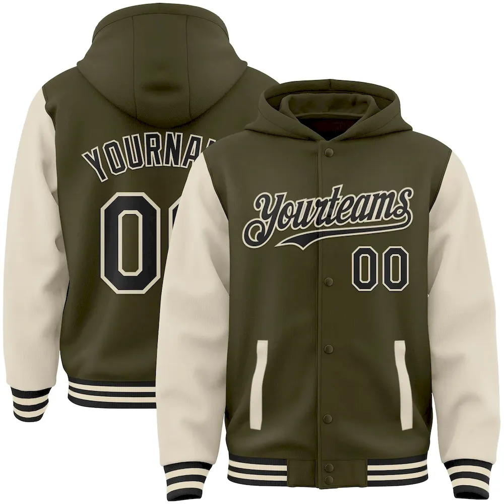 Jacket4035.webp Custom Olive Black-Cream Bomber Full-Snap Varsity Letterman Two Tone Salute To Service Hoodie Jacket - Image 1