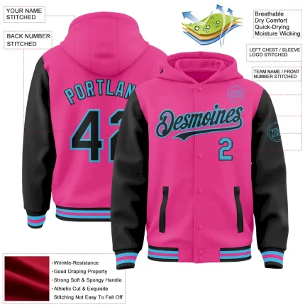 Custom Pink Black-Sky Blue Bomber Full-Snap Varsity Letterman Two Tone Hoodie Jacket - Image 3