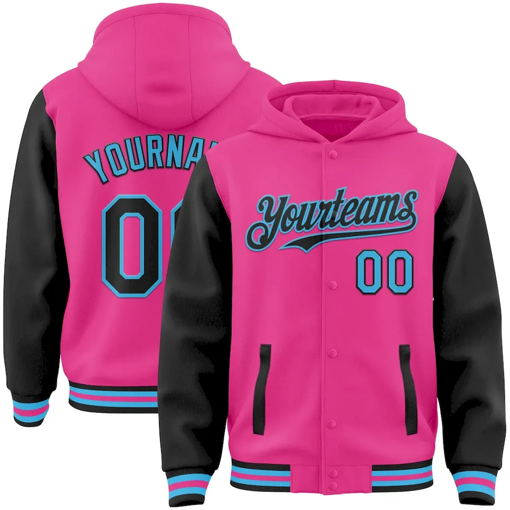 Jacket4123.webp Custom Pink Black-Sky Blue Bomber Full-Snap Varsity Letterman Two Tone Hoodie Jacket - Image 1