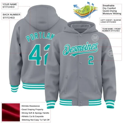 Custom Gray Aqua-White Bomber Full-Snap Varsity Letterman Hoodie Jacket - Image 3