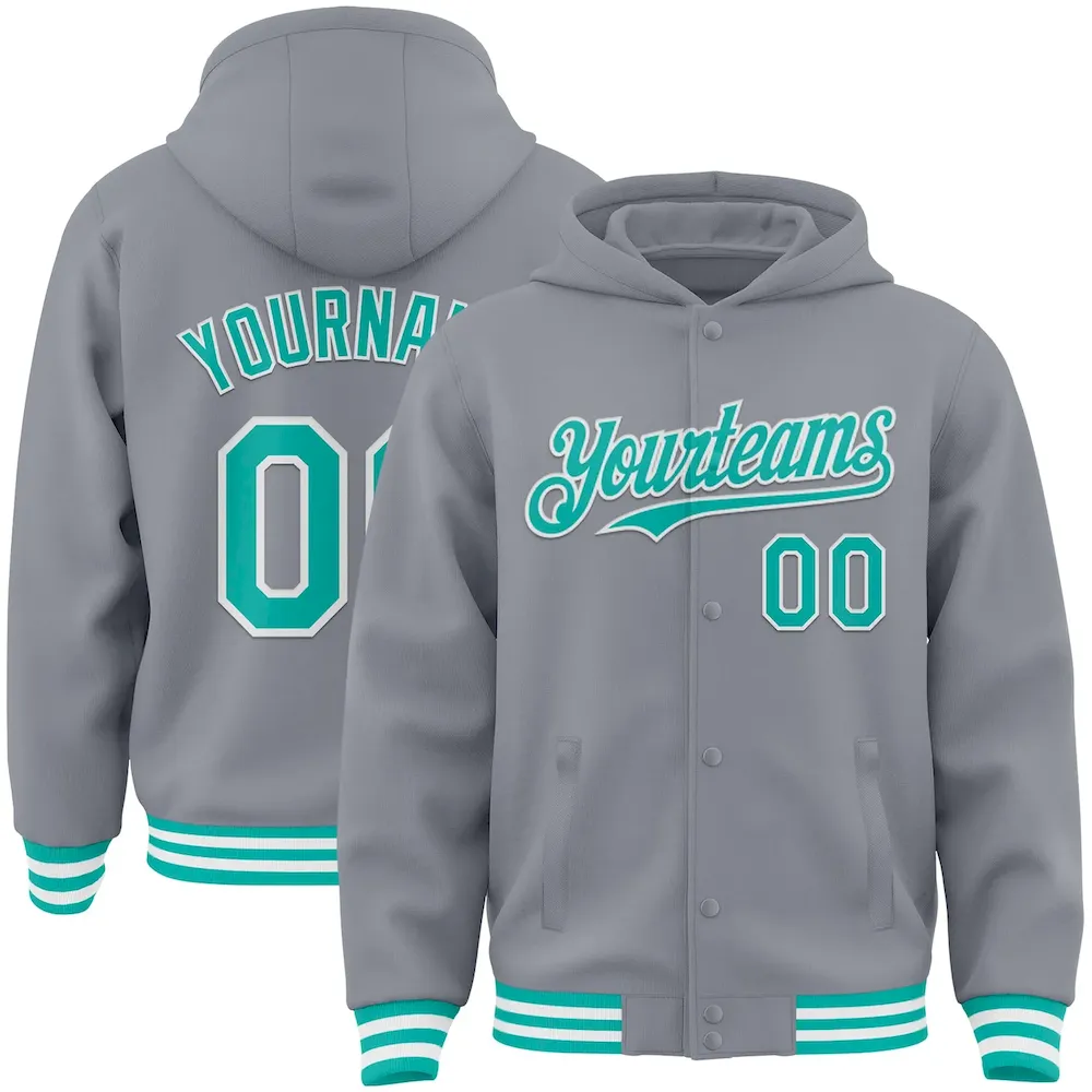 Jacket4254.webp Custom Gray Aqua-White Bomber Full-Snap Varsity Letterman Hoodie Jacket - Image 1