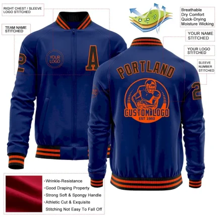 Custom Royal Black-Orange Bomber Varsity Letterman Zipper Jacket - Image 3