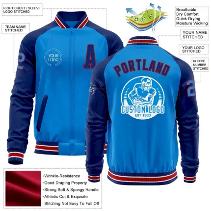 Custom Powder Blue Red-Royal Bomber Varsity Letterman Two Tone Zipper Jacket - Image 3