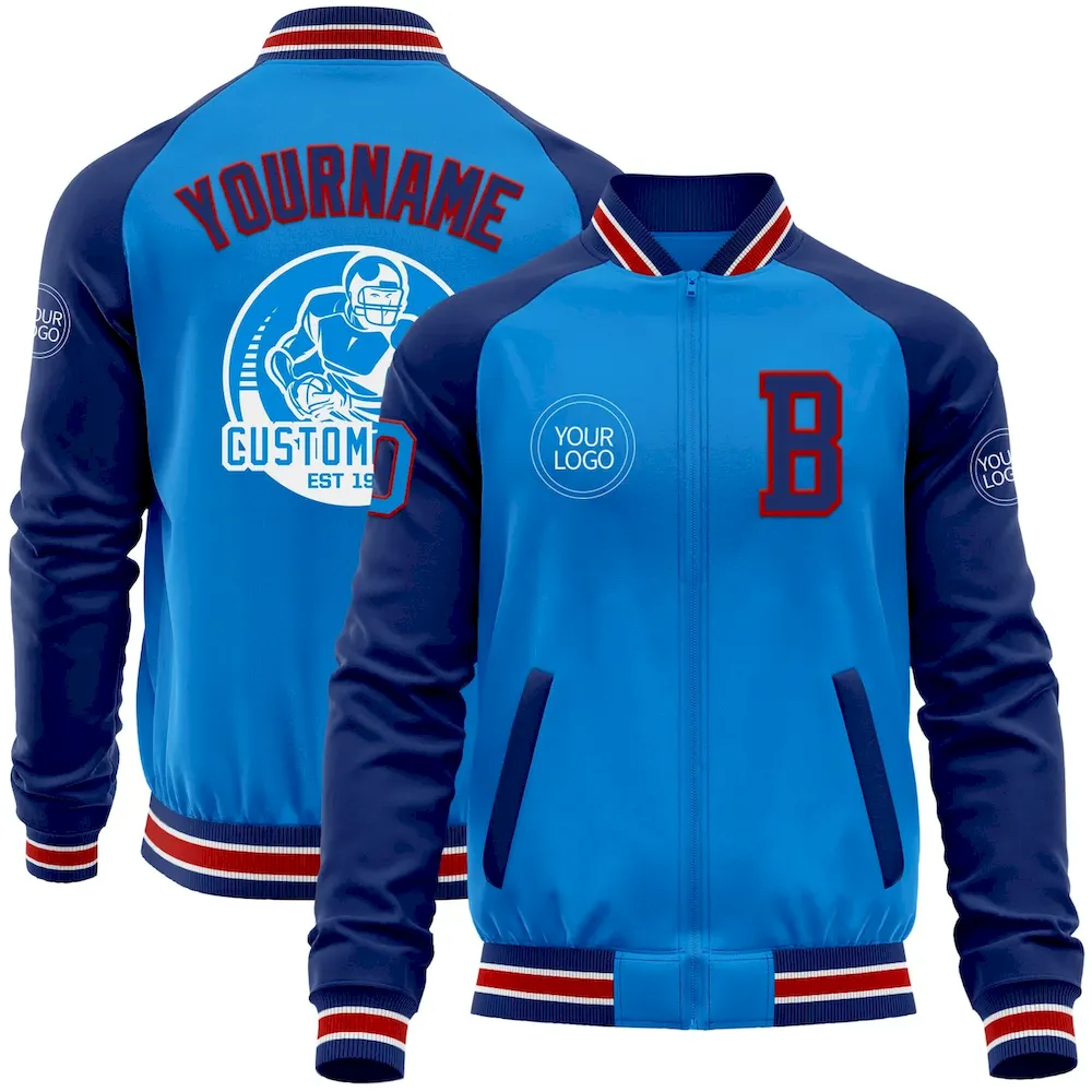 Jacket5446.webp Custom Powder Blue Red-Royal Bomber Varsity Letterman Two Tone Zipper Jacket - Image 1