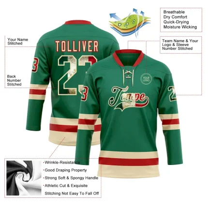 Custom Kelly Green Vintage Mexican Flag Cream-Red Hockey Lace Neck Jersey - Image 3