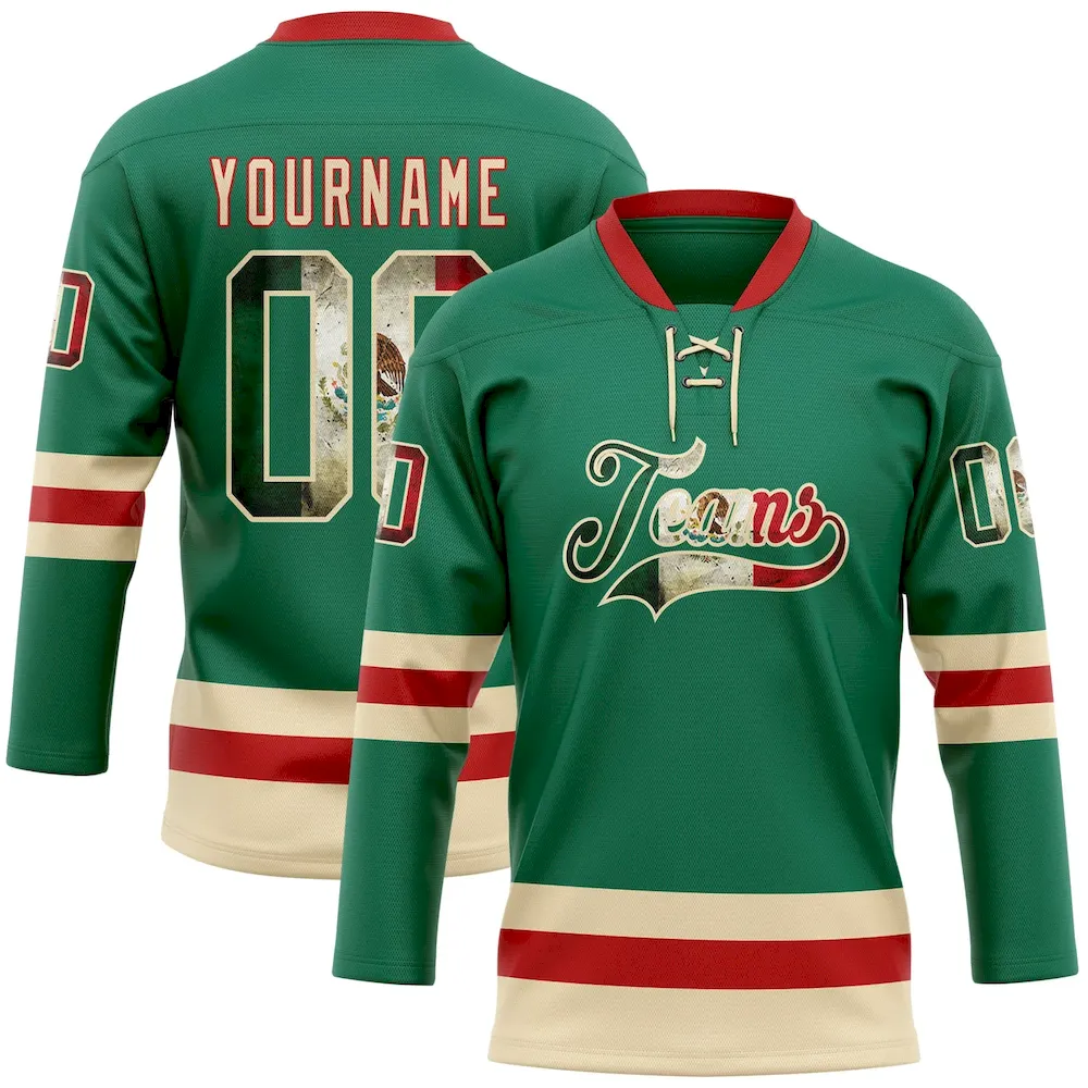 KellyGreen0675.webp Custom Kelly Green Vintage Mexican Flag Cream-Red Hockey Lace Neck Jersey - Image 1