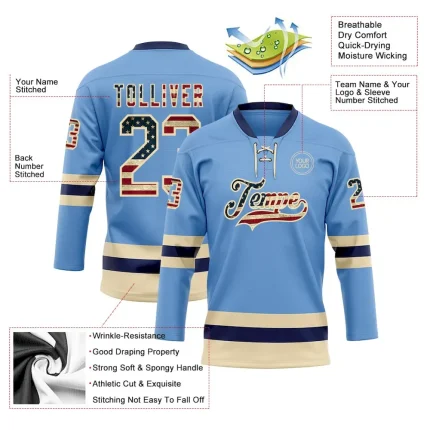 Custom Light Blue Vintage USA Flag Cream-Navy Hockey Lace Neck Jersey - Image 3