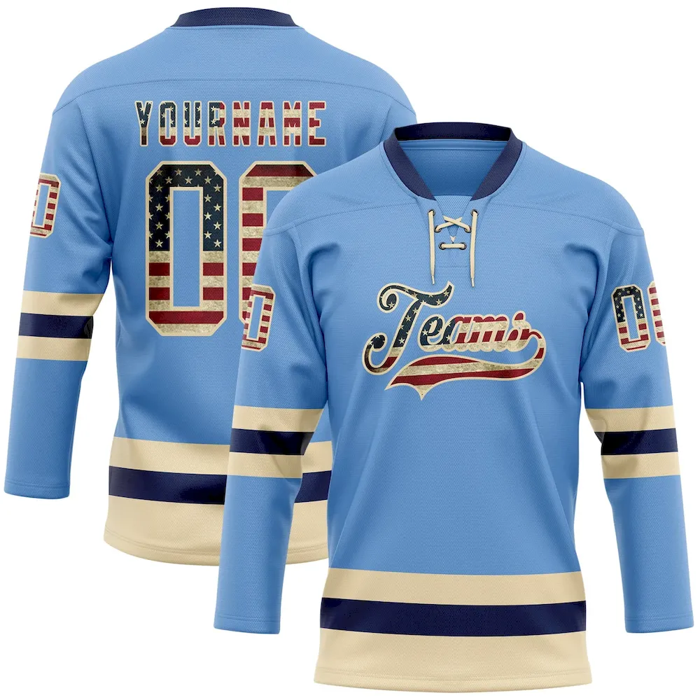 LightBlue0739.webp Custom Light Blue Vintage USA Flag Cream-Navy Hockey Lace Neck Jersey - Image 1