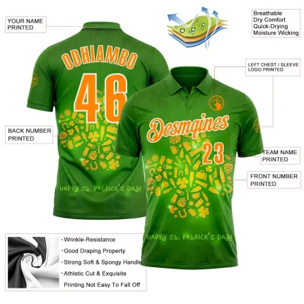 Custom Green Bay Orange-White 3D St. Patrick's Day Shamrock Performance Polo Shirt - Image 3