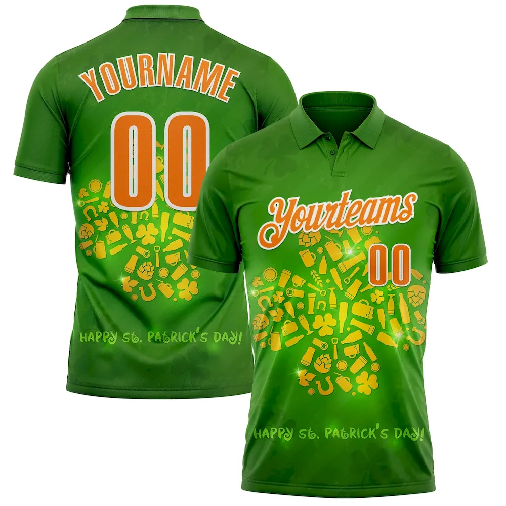 Polo1298.webp Custom Green Bay Orange-White 3D St. Patrick's Day Shamrock Performance Polo Shirt - Image 1