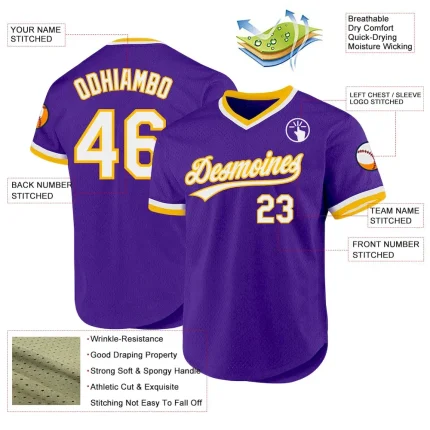 Custom Purple White-Gold Authentic Throwback Baseball Jersey - Image 3
