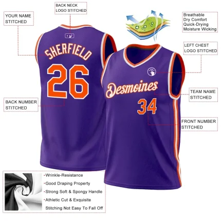 Custom Purple Orange-White Authentic Throwback Basketball Jersey - Image 3