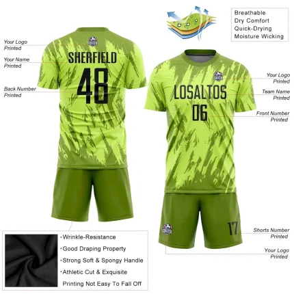 Custom Neon Green Black-Olive Sublimation Soccer Uniform Jersey - Image 3