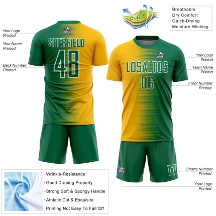 Custom Kelly Green Gold-White Gradient Line Sublimation Soccer Uniform Jersey - Image 4