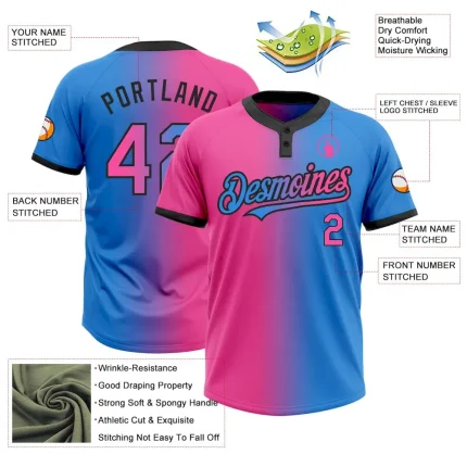 Custom Electric Blue Pink-Black Gradient Fashion Two-Button Unisex Softball Jersey - Image 3
