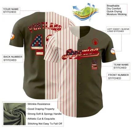 Custom Olive Vintage USA Flag Cream-Red Pinstripe Authentic Split Fashion Salute To Service Baseball Jersey - Image 3