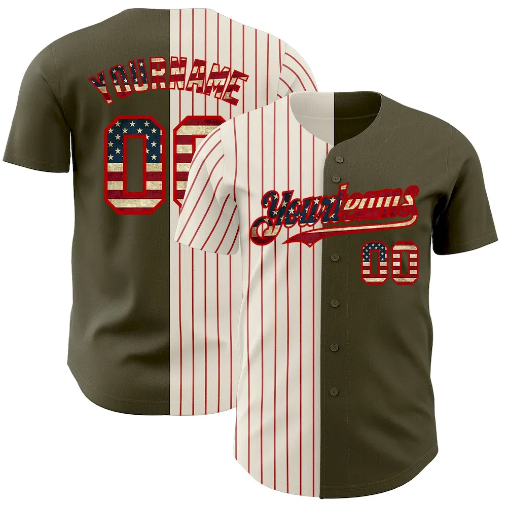 SplitF0778.webp Custom Olive Vintage USA Flag Cream-Red Pinstripe Authentic Split Fashion Salute To Service Baseball Jersey - Image 1