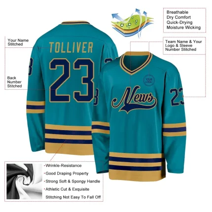 Custom Teal Navy-Old Gold Hockey Jersey - Image 3