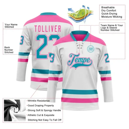 Custom White Teal-Pink Hockey Lace Neck Jersey - Image 3