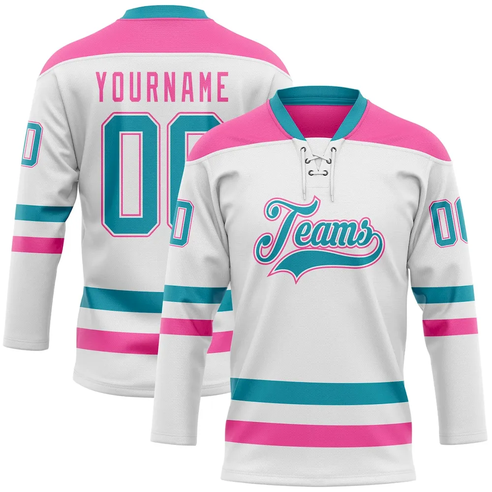 White1942.webp Custom White Teal-Pink Hockey Lace Neck Jersey - Image 1